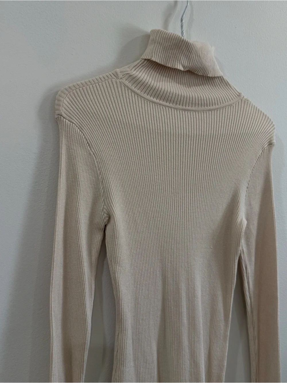 Long Sleeve Ribbed Turtleneck Dress - Beige